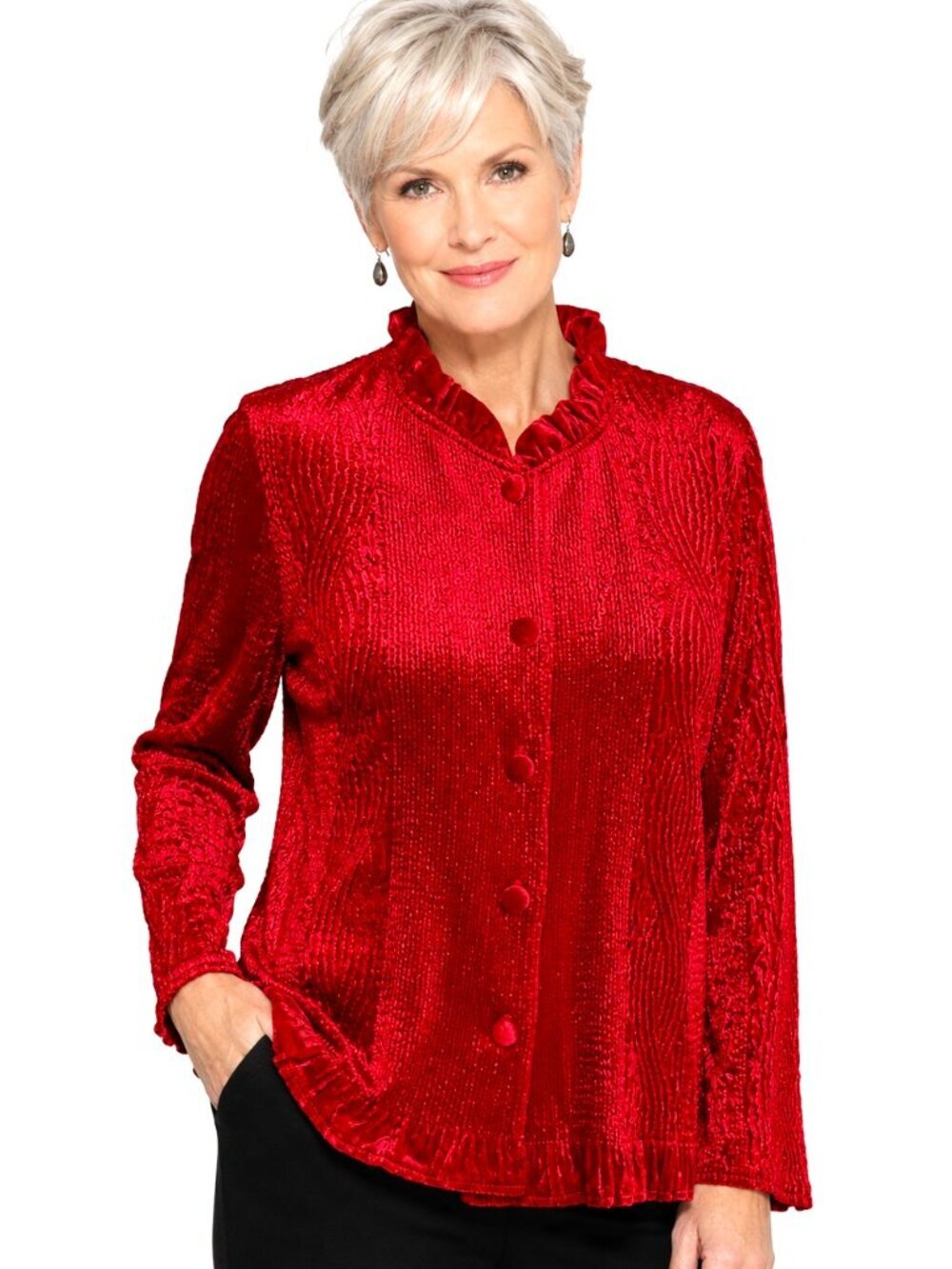 Chico's Red Ruffle Crinkle Texture Velour Cardigan
